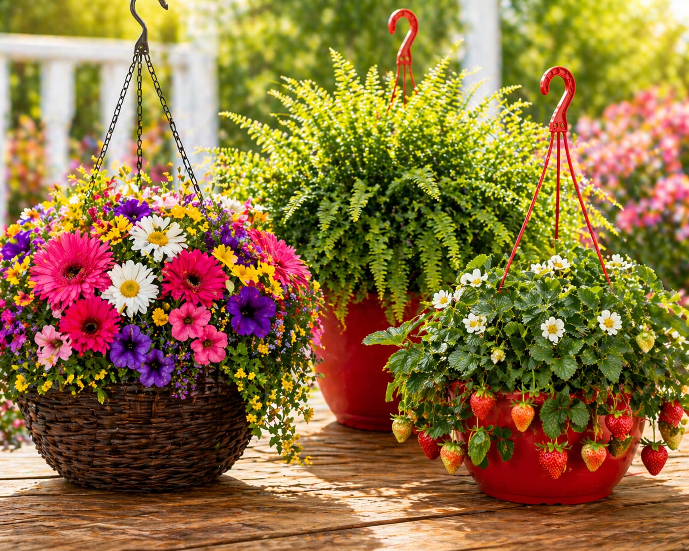 Colorful flower baskets and planters arranged outdoors.