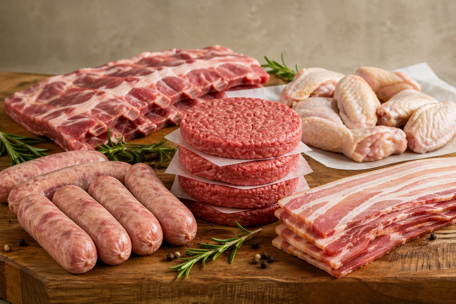 Selection of meat products including burgers, ribs, chicken, sausages, and bacon.
